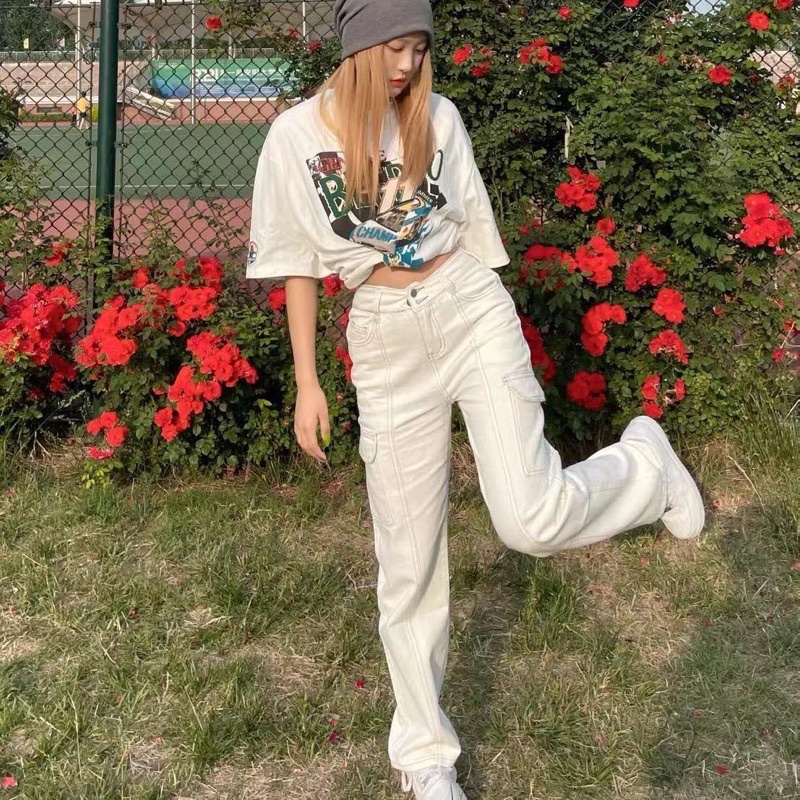 Quần Jean Ống Suông Túi Hộp Thêu Hoạ Tiết Phong Cách Retro