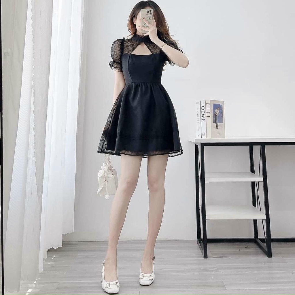 Đầm Xòe Thiết Kế Khoét Ngực Dáng Ngắn Họa Tiết Hoa Nổi Phong Cách Tiểu Thư Màu Trắng, Đen | ROSE CLOTHING D0633