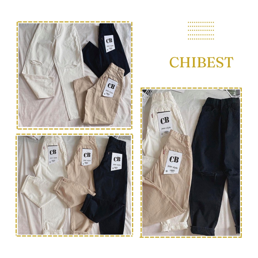 Quần baggy kaki rách gối 004 Quần Jean nữ ống đứng đai cao đẹp cao cấp CHIBEST QKT004