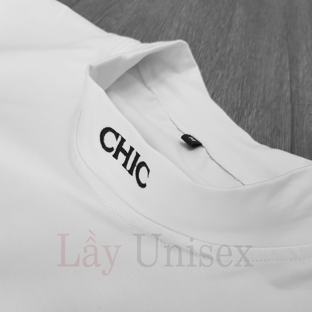 Áo thun nam tay lỡ cổ bo thêu chữ CHIC - Đen