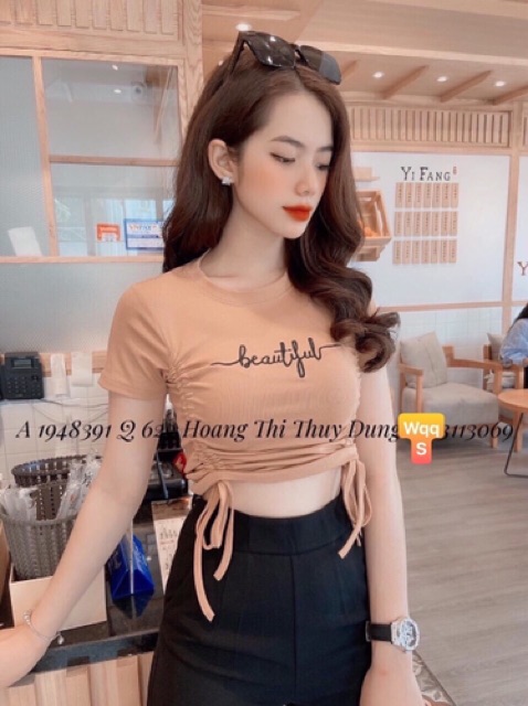 Áo croptop dây rút thêu chữ 6 màu thun cotton loại xịn RICH STORE CRT25