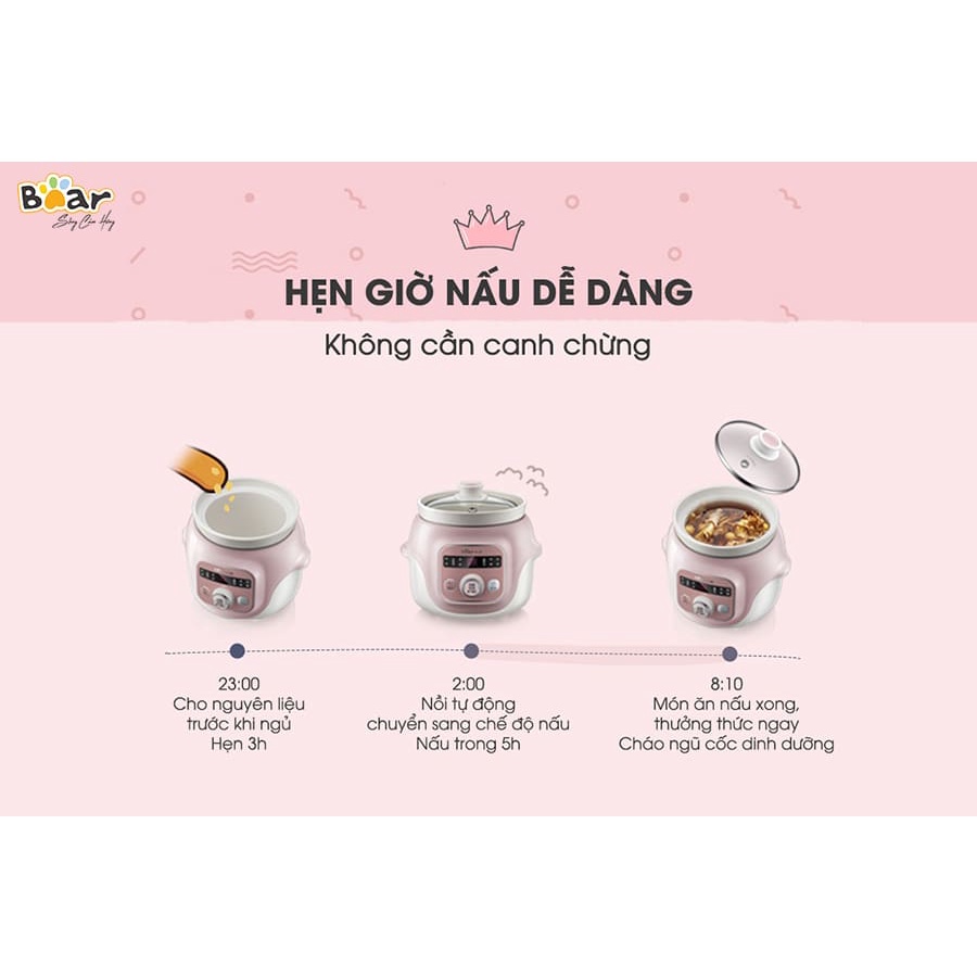 Nồi Nấu Cháo Cho Bé_Nồi Hầm Cháo Chậm, Nồi Nấu Chậm, Ninh Cháo Đa Năng Bear DDZ-B08C1 0.8L_Bảo Hành 12 Tháng