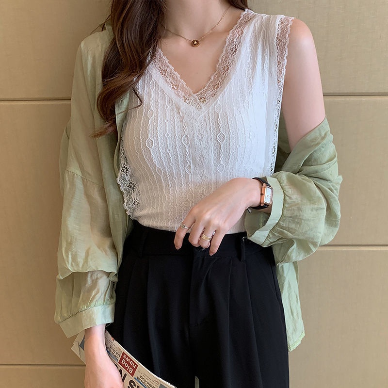 Áo Dệt Kim Không Tay Viền Ren Xinh Xắn Cho Nữ 165622 Áo Hai Dây Cổ Chữ V Dáng Ôm Thiết Kế Đơn Giản Quyến Rũ Cho Nữ