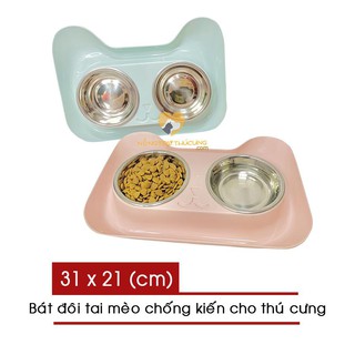 Bát đôi inox cho Chó Mèo Hình tai mèo - Bát ăn chống kiến