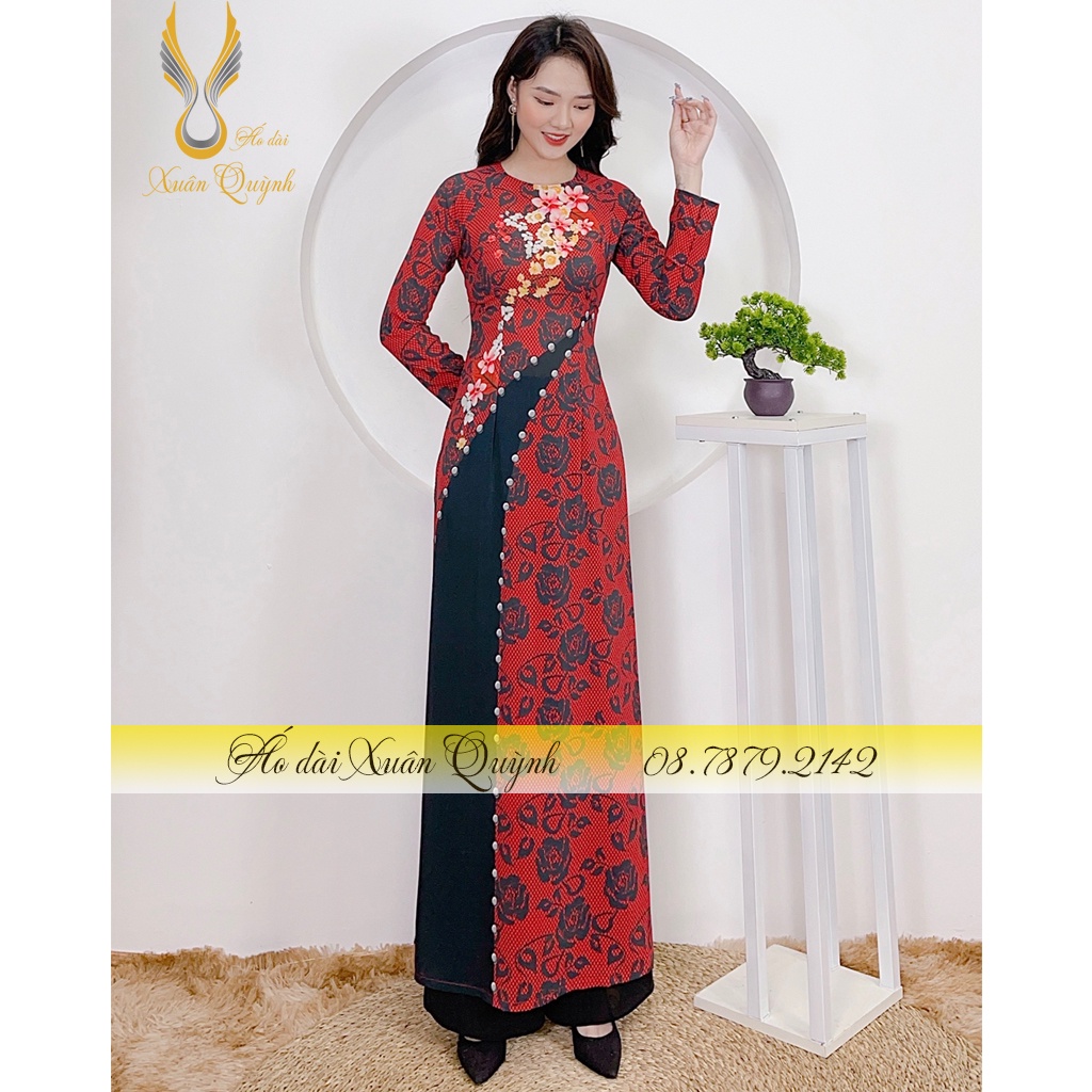 Áo Dài Trung Niên Họa Tiết Hoa Hồng Đen Đỏ, Sang Trọng Thanh Lịch K96 - Áo Dài Xuân Quỳnh