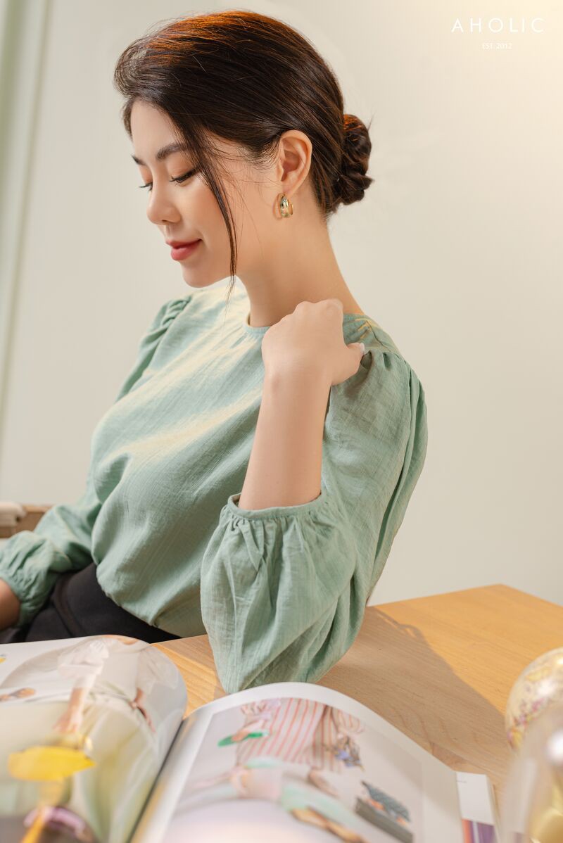 Áo kiểu sơ mi chất thô đũi rút nơ 3 màu Aholic A2874