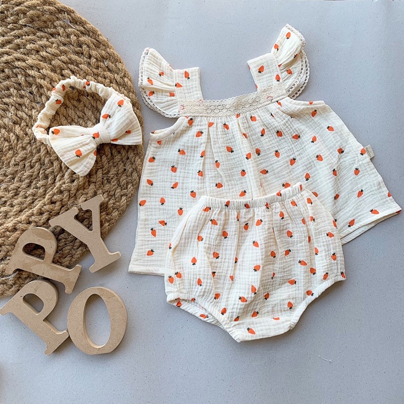 Set áo cánh tiên phối ren kèm quần chip hoạ tiết xinh xắn tặng kèm turban cho bé gái