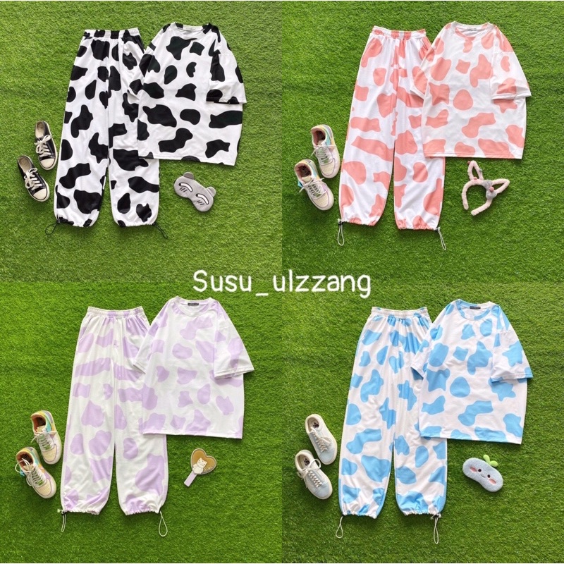 Set Áo thun bò sữa form rộng kèm quần dài jogger bò sữa dáng rộng ống suông dây rút - Set bộ bò sữa màu xanh, hồng, tím