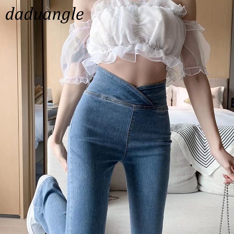 Quần jean Daduhey lưng cao màu sáng co dãn ống loe thời trang phong cách Hàn Quốc cho nữ