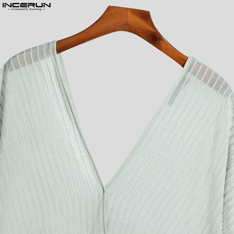 Áo thun INCERUN tay ngắn cổ chữ V in kẻ sọc phong cách mùa hè cho nam