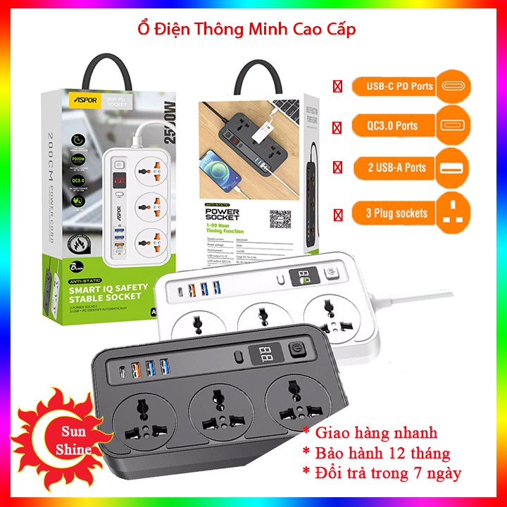 Ổ điện Aspor A505 Công Tắc,Nắp Bịt Chống Giật An Toàn 3 Cổng USB 5V = 3.1A ,1 cổng  USB Type-C Sạc Nhanh 32W