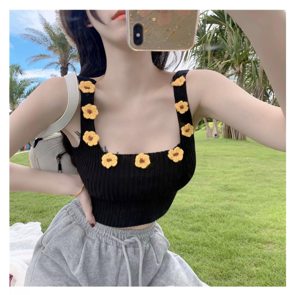 Áo Croptop Hai Dây PINKSTORE29, Dáng Ôm Body, Bản Dây To Phối Hoa Len Móc A5427