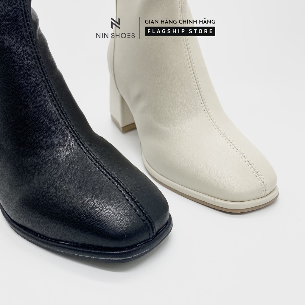 Giày Boot nữ 5p gót vuông cổ đá kéo khoá sau da si Ninshoes | BigBuy360 - bigbuy360.vn