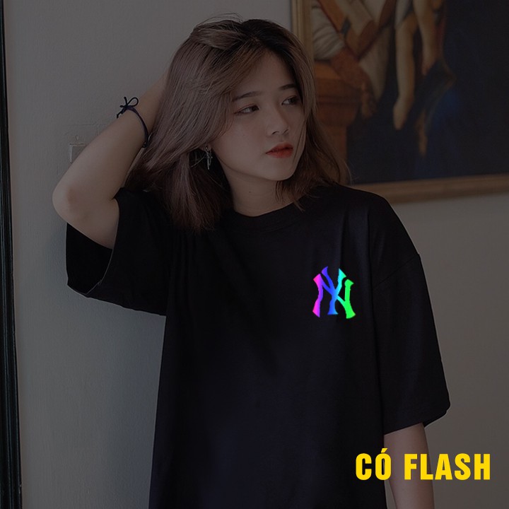 Áo thun tay lỡ form rộng nam nữ NY Phản Quang Đa Sắc dáng unisex tee phông basic oversize 2 màu trắng đen siêu đẹp