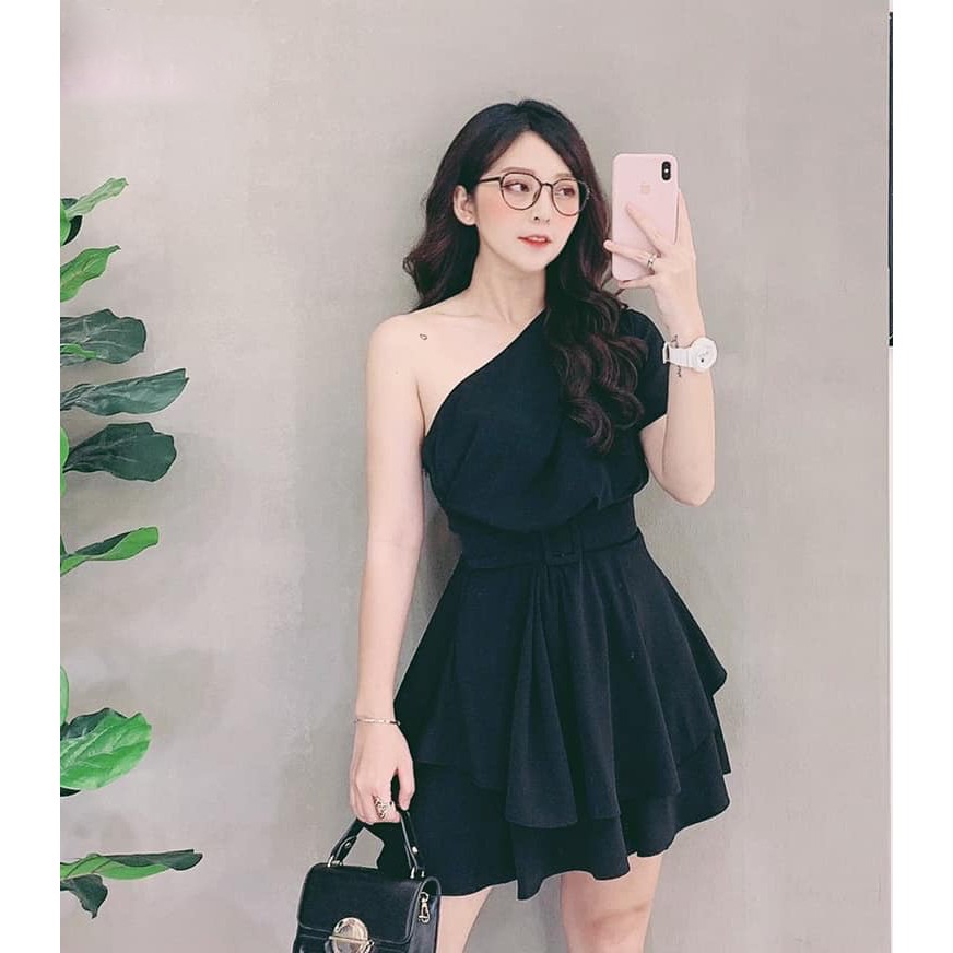 (VIDEO+HÌNH THẬT) Váy Đầm Lệch Vai + Belt ( TRẮNG+ĐEN ) | BigBuy360 - bigbuy360.vn