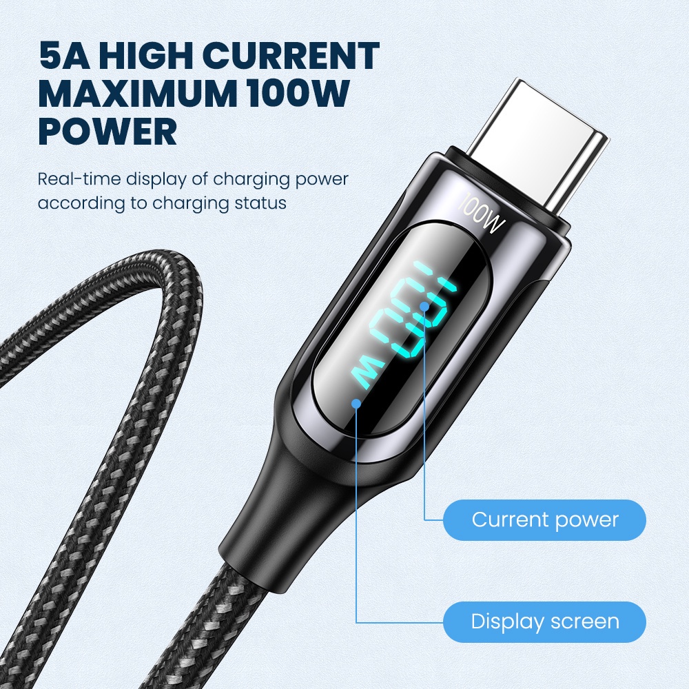 100W Cáp Sạc Nhanh PD 4.0 Type-C Với Màn Hình Kỹ Thuật Số Dành Cho Điện Thoại Xiaomi Huawei Samsung