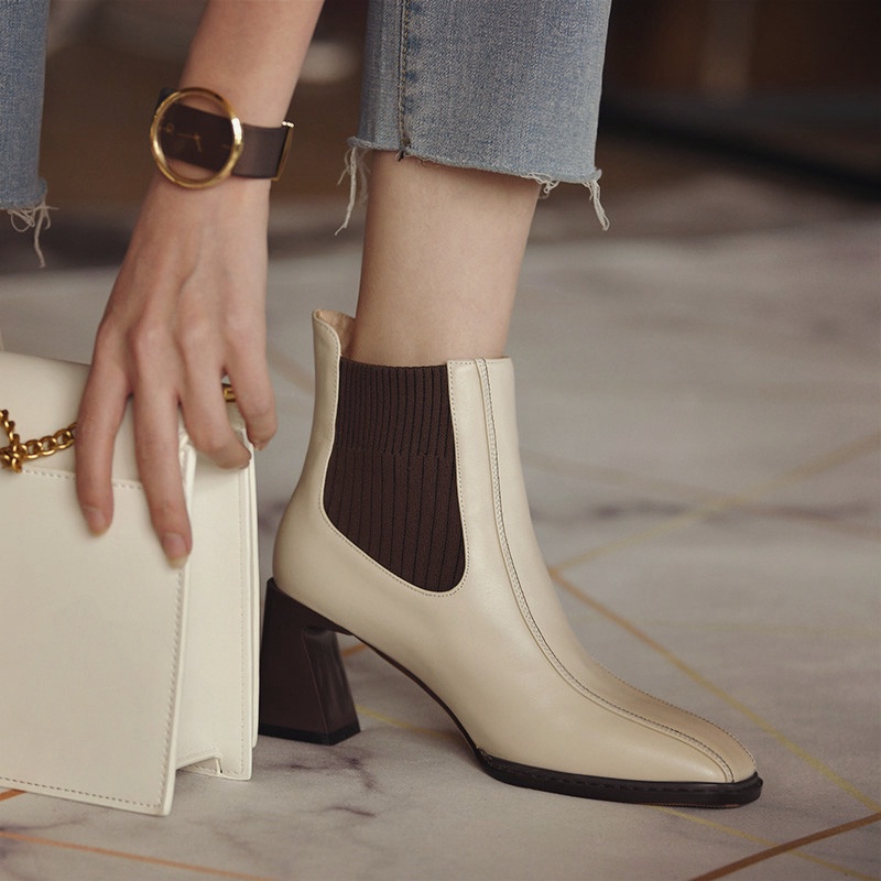Giày bốt cao cổ phối chunmũi vuông đế vuông cao gót công sở phong cách Hàn Quốc vintage