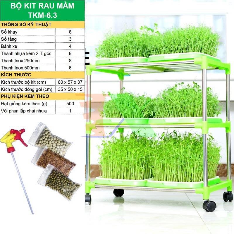 Bộ kit Khay trồng rau mầm thủy canh 2 lớp TKM-6.3, Khay, Giá đỡ, Vòi xịt, Hạt giống