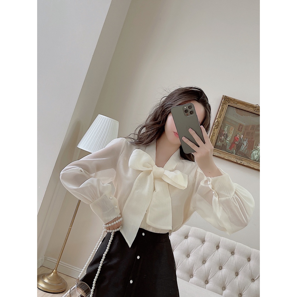 Áo sơ mi nữ buộc nơ cổ LYRA, chất tơ oganza đính cúc trai xinh xắn, tiểu thư-VSYAS0034