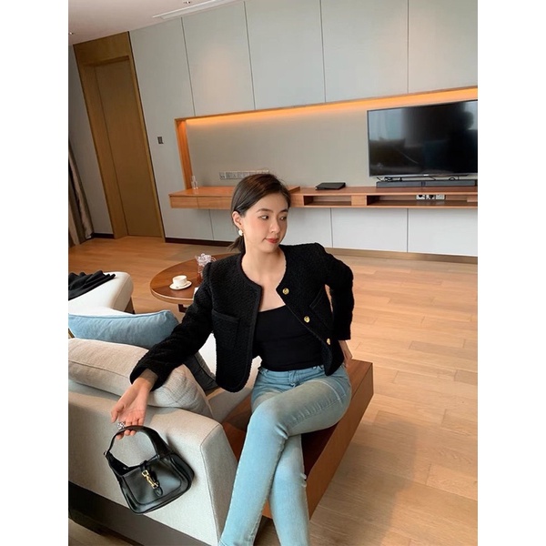 (Có Sẵn) Áo Dạ Tweed Đen Cúc Đồng Quảng Châu Loại 1 (Hàng 2 Lớp Dày Dặn) Áo Khoác Dạ tweed Nữ