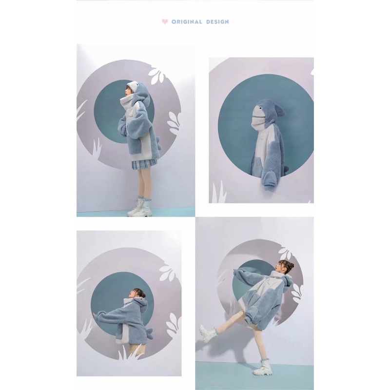 Áo hoodie nỉ lông cừu mũ cá áo đôi cực hót cực xinh