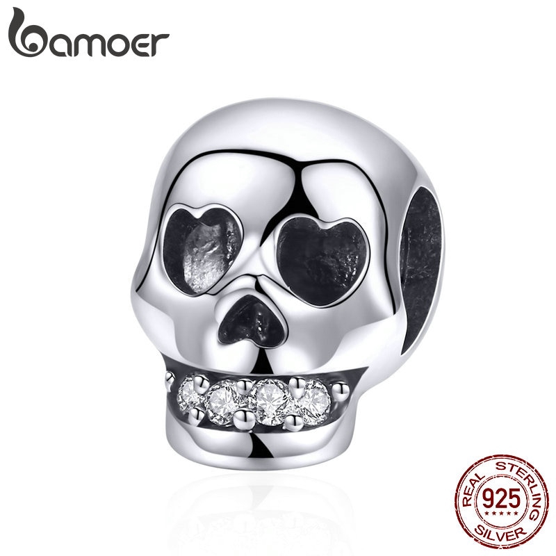 Hạt cườm Bamoer bạc 925 hình đầu lâu đính kim cương nhân tạo làm trang sức