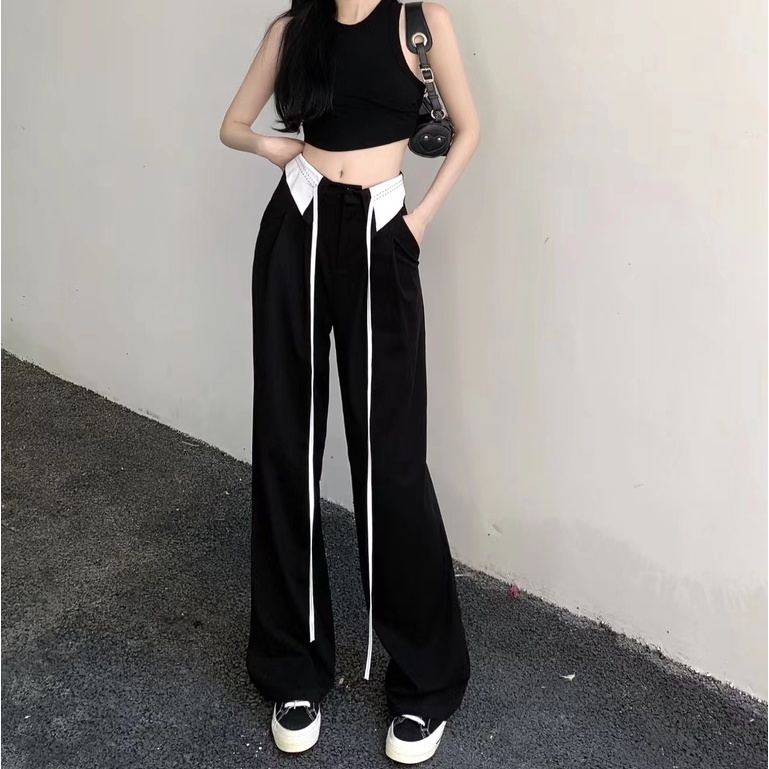 Quần Dài Lưng Cao Ống Rộng Màu Đen Phối Dây Rút Thời Trang Cá Tính Cho Nữ
