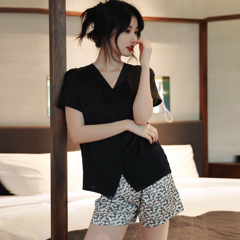Set đồ ngủ cổ chữ V phối họa tiết da báo/ngựa vằn thời trang mùa hè dành cho nữ