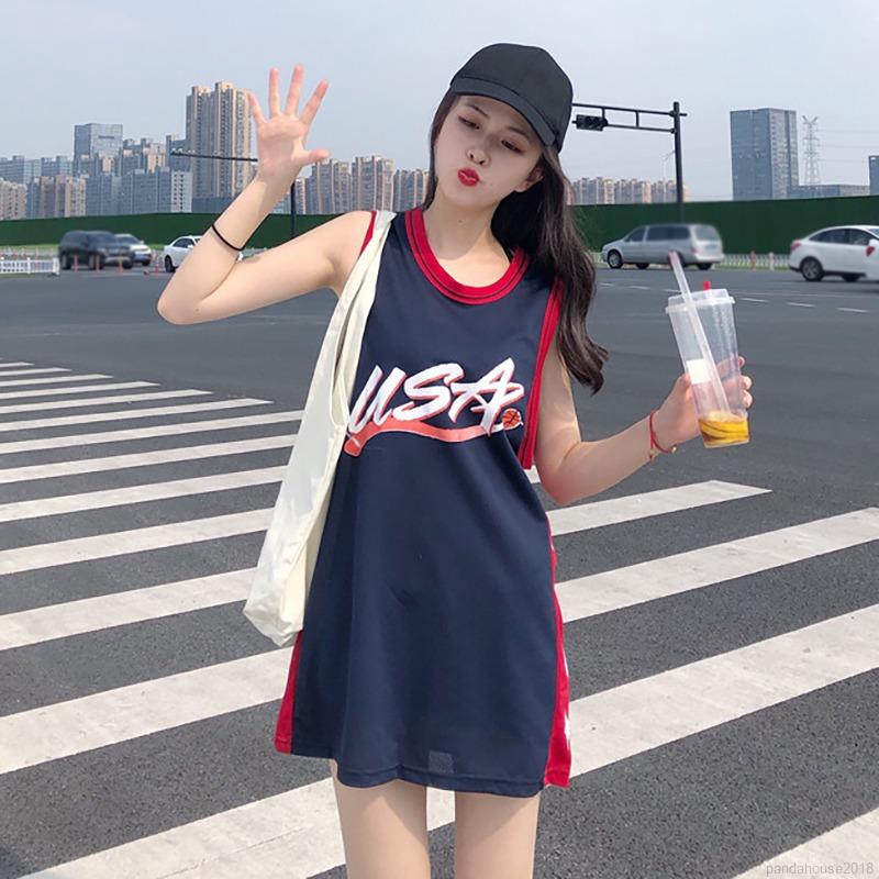 Women Dress Korean Star Letter Print Women Long T-shirt Casual Loose Sports Plus Size Round Neck