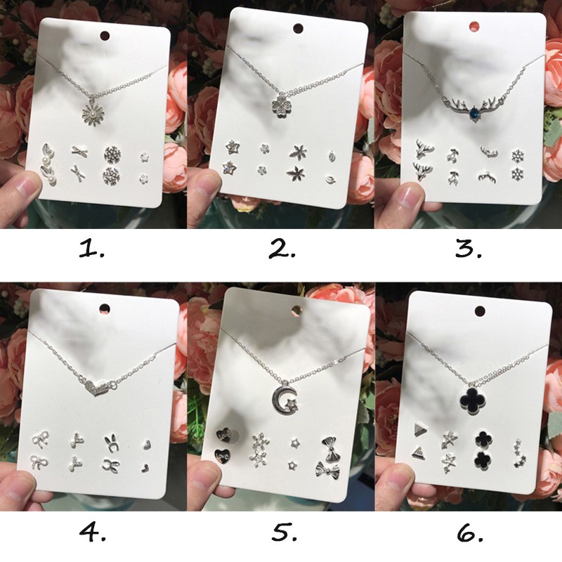 Set dây chuyền + hoa tai bạc sterling đính đá zirconia mặt hình cỏ 4 lá/trái tim/ngôi sao/thánh giá/hình học