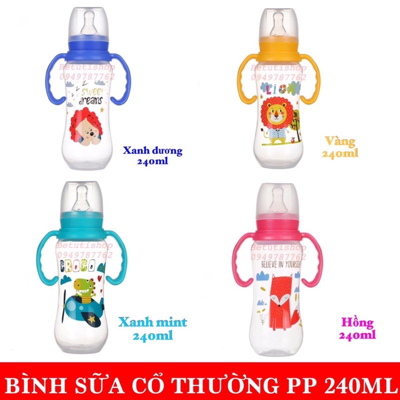 Bình sữa cổ thường PP, núm silicon kèm tay cầm 120ml/240ml Babu Baby Nhật Bản BB179235