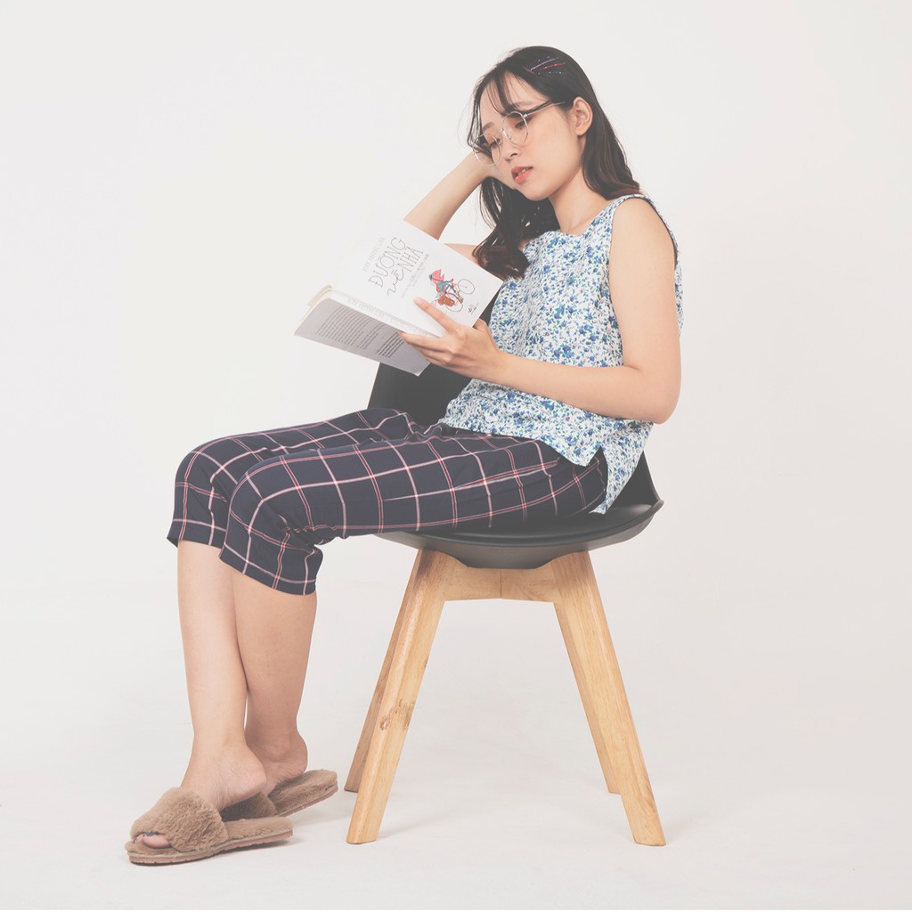 [Utan]Set mặc nhà cổ U lửng áo hoa quần kẻ