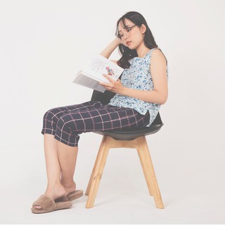 Set mặc nhà cổ U lửng áo hoa quần kẻ