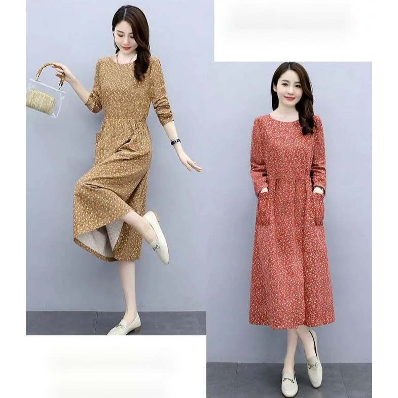 Đầm Tay Dài Dáng Chữ A Có Túi In Họa Tiết Hoa Xinh Xắn Cho Nữ Plus Size