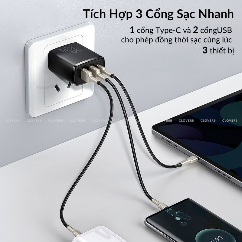 Baseus - Củ Sạc Nhanh 30w Cho iP12/13/14 Series, Hỗ Trợ 3 Cổng Sạc, 1 Type-C và 2 USB, Chip Sạc Thông Minh Bảo Vệ Pin