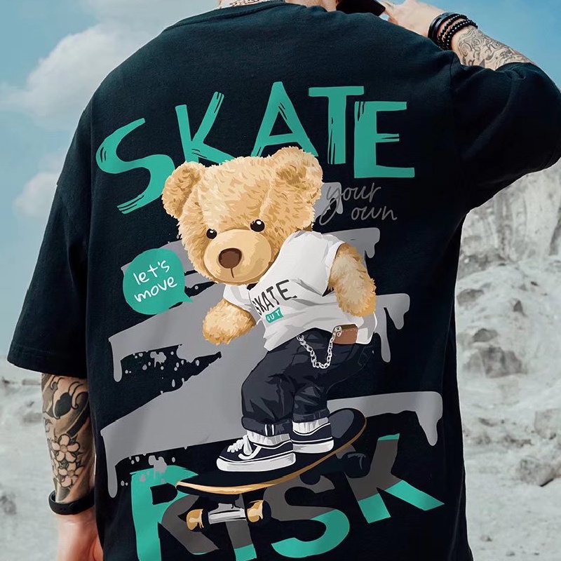 Áo Thun Nam Tay Ngắn Dáng Rộng In Hình Gấu Hoạt Hình Phong Cách Hip Hop Thời Trang Mùa Hè Size M-8XL