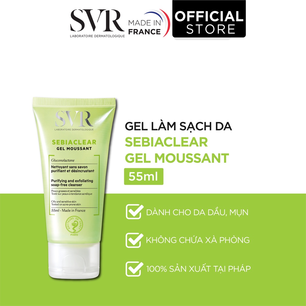 Sữa rửa mặt không có xà phòng, làm sạch và loại bỏ tế bào da chết SVR SEBIACLEAR Gel Moussant 55ml