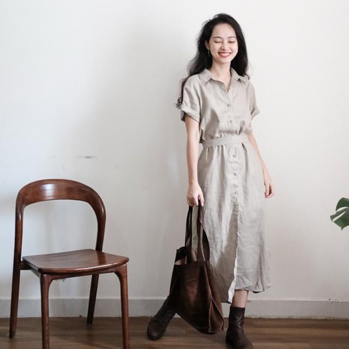 Đầm suông sơ mi Linen Premium tay cộc dáng dài đuôi tôm trẻ trung
