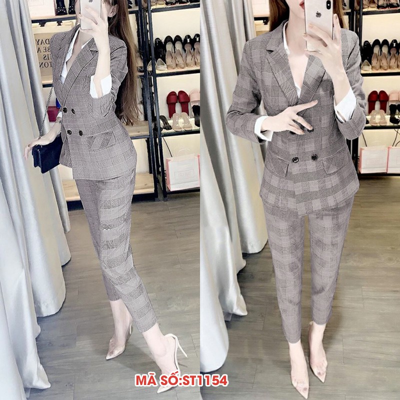 ➡️#ST1154 Set nguyên bộ áo vest kẽ sọc dài 2 túi giả 4 nút xinh xắn - hàng việt nam