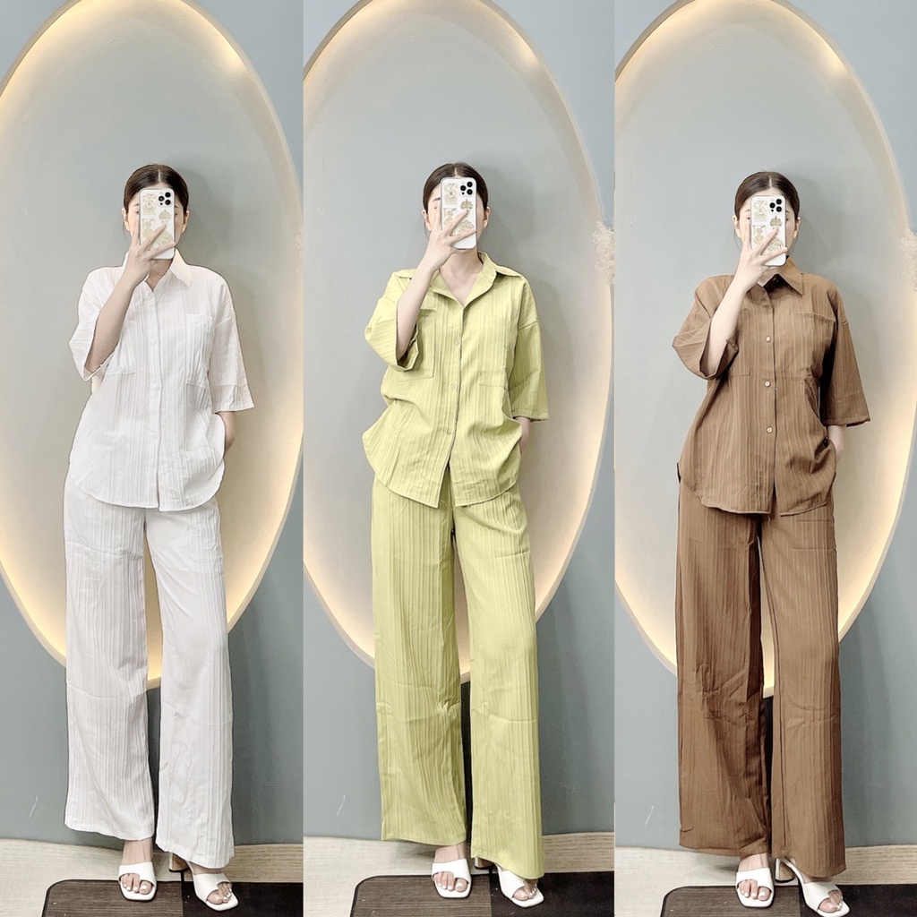 Set bộ nữ áo cổ sơ mi tay ngắn mix quần dài cạp cao ống rộng chất xốp đũi  thời trangI Trần Hân Shop 4012385
