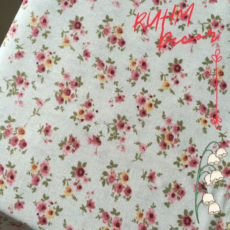 Vải bố linen đẹp may rèm dán trang trí che bàn bếp, hộc tủ xinh xắn - họa tiết Hoa nhí vàng hồng nhạt V-A08