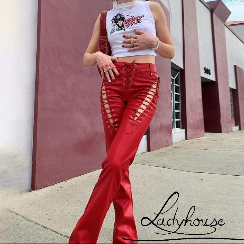 Quần Da Lưng Cao Màu Trơn Dáng Ôm Thiết Kế Đục Lỗ Thời Trang Cho Nữ