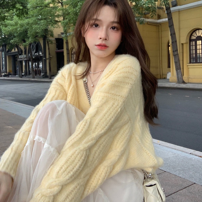 Áo Cardigan Dệt Kim Cổ Chữ V Màu Vàng Ngọt Ngào Hàng Mới Dành Cho Bạn Nữ