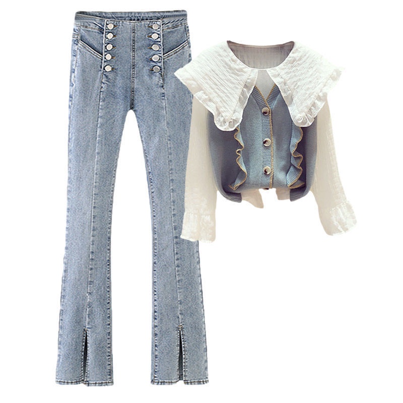 Set áo sơ mi tay dài + áo len không tay + quần jeans lưng cao thời trang cho nữ 200kg