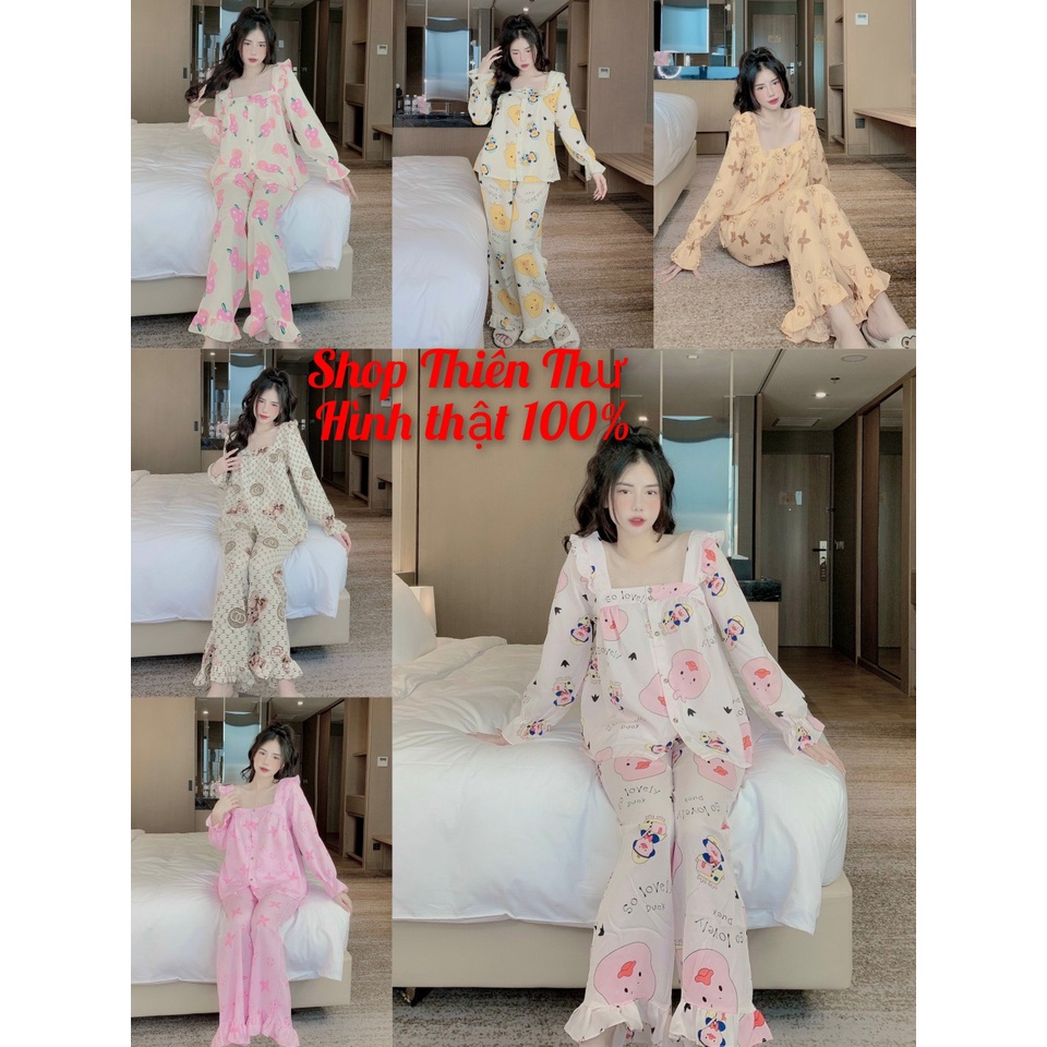 Đồ bộ dài tay cổ vuông pyjama lụa mango loại 1 cao cấp dễ thương giá rẻ freesize