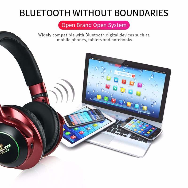 Tai Nghe Bluetooth Không Dây 3d Đèn Led-008 Có Mic Hỗ Trợ Thẻ Nhớ Tf Aux