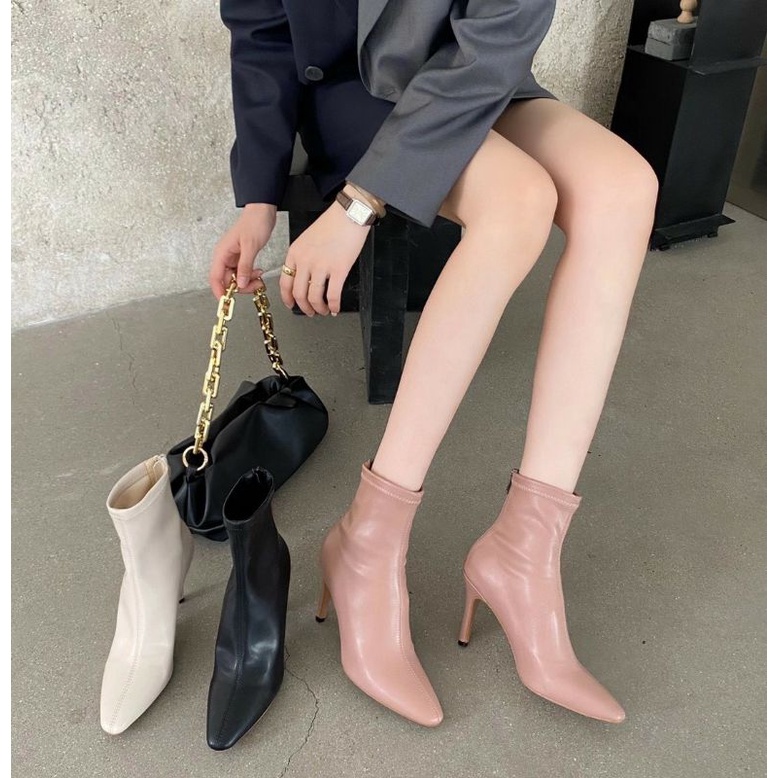 Boots da lì mũi nhọn gót nhọn da thật kem hồng đen