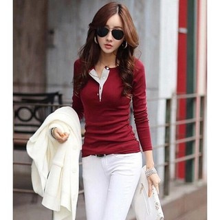 Áo thun ôm tay dài đính nút thời trang cho nữ