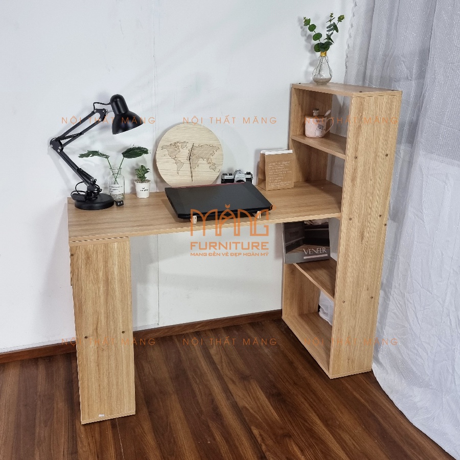 bàn làm việc gỗ kết hợp kệ sách, dùng học bài, để máy tính cho học sinh, sinh viên giá rẻ mẫu blv16