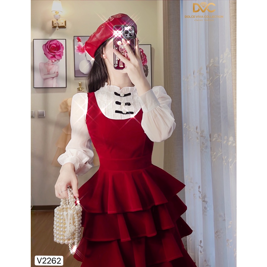 Váy nhung đỏ xếp tầng V2262  - DOLCE VIVA COLLECTION | BigBuy360 - bigbuy360.vn